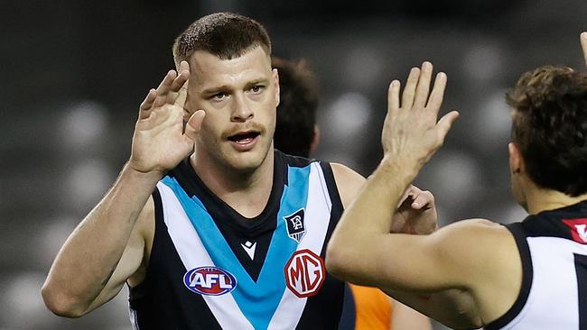 Power ruckman Peter Ladhams has met with the Swans and Hawks. (Photo by Michael Willson/AFL Photos via Getty Images)