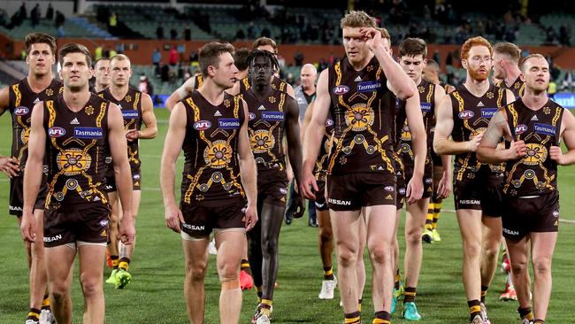 The Hawks after their narrow loss to Port Adelaide Power at Adelaide Oval.