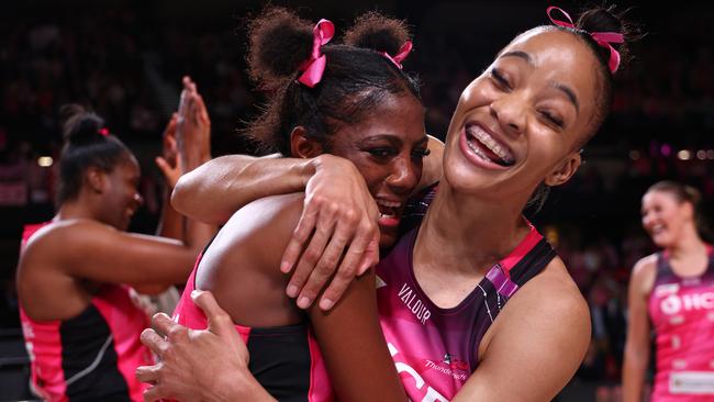 ADELAIDE, AUSTRALIA - AUGUST 03: Shamera Sterling-Humphrey (R) and Latanya Wilson of the Thunderbirds celebrate victory in the Super Netball Grand Final match between Adelaide Thunderbirds and Melbourne Vixens at Adelaide Entertainment Centre on August 03, 2024 in Adelaide, Australia. (Photo by Graham Denholm/Getty Images)