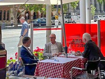 Peter Malinauskas, Jay Weatherill and John Rau meet for coffee at Parlamento in Adelaide on November 29. Picture: Twitter/SA Liberal Media