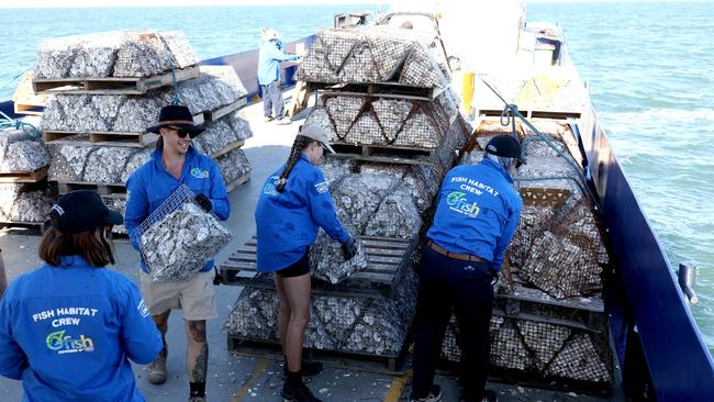 Queensland recreational fishers working to deliver the biggest ever single day of habitat restoration in Moreton Bay. Picture – contributed.