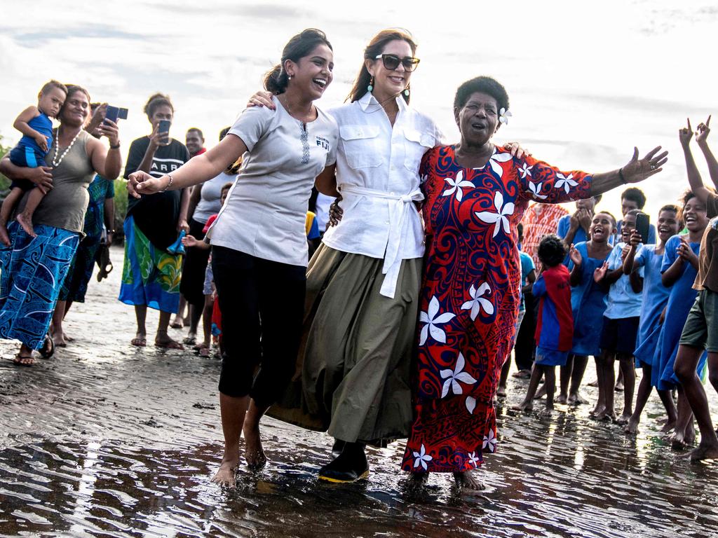 Crown Princess Mary of Denmark dancing with locals in Nadi, Fiji this week. Picture: Ida Marie Odgaard / Ritzau Scanpix / AFP