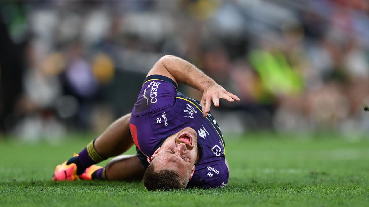 Melbourne Storm’s Cameron Munster was in pain in Brisbane. NRL Photos.