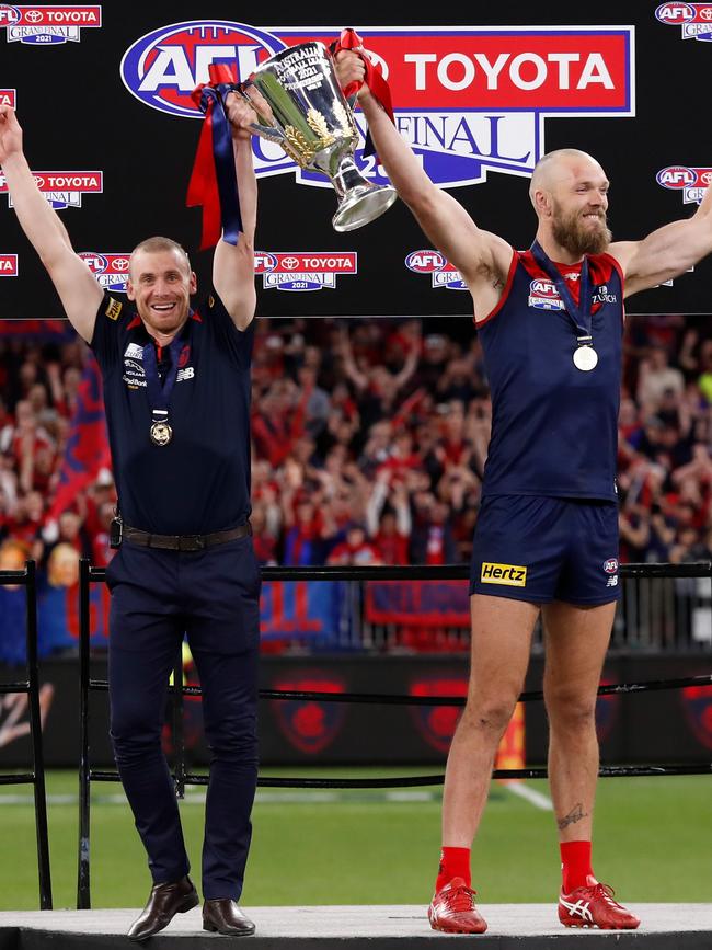 Demons coach Simon Goodwin with Max Gawn after the grand final win. Picture: Getty Images