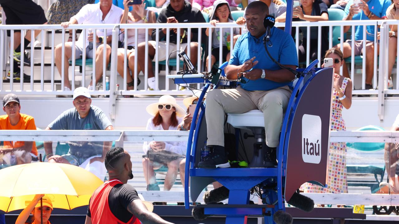 Nick Kyrgios argues with ATP chair umpire Carlos Bernardes of Brazil during the first set in his match against Jannik Sinner. Photo: Getty Images