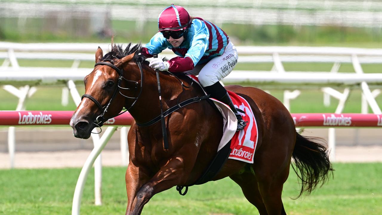 Tahlia Fenlon leads all the way on Navyonthehighway to win at Doomben for trainers Chris and Corey Munce. Picture: Grant Peters/Trackside Photography