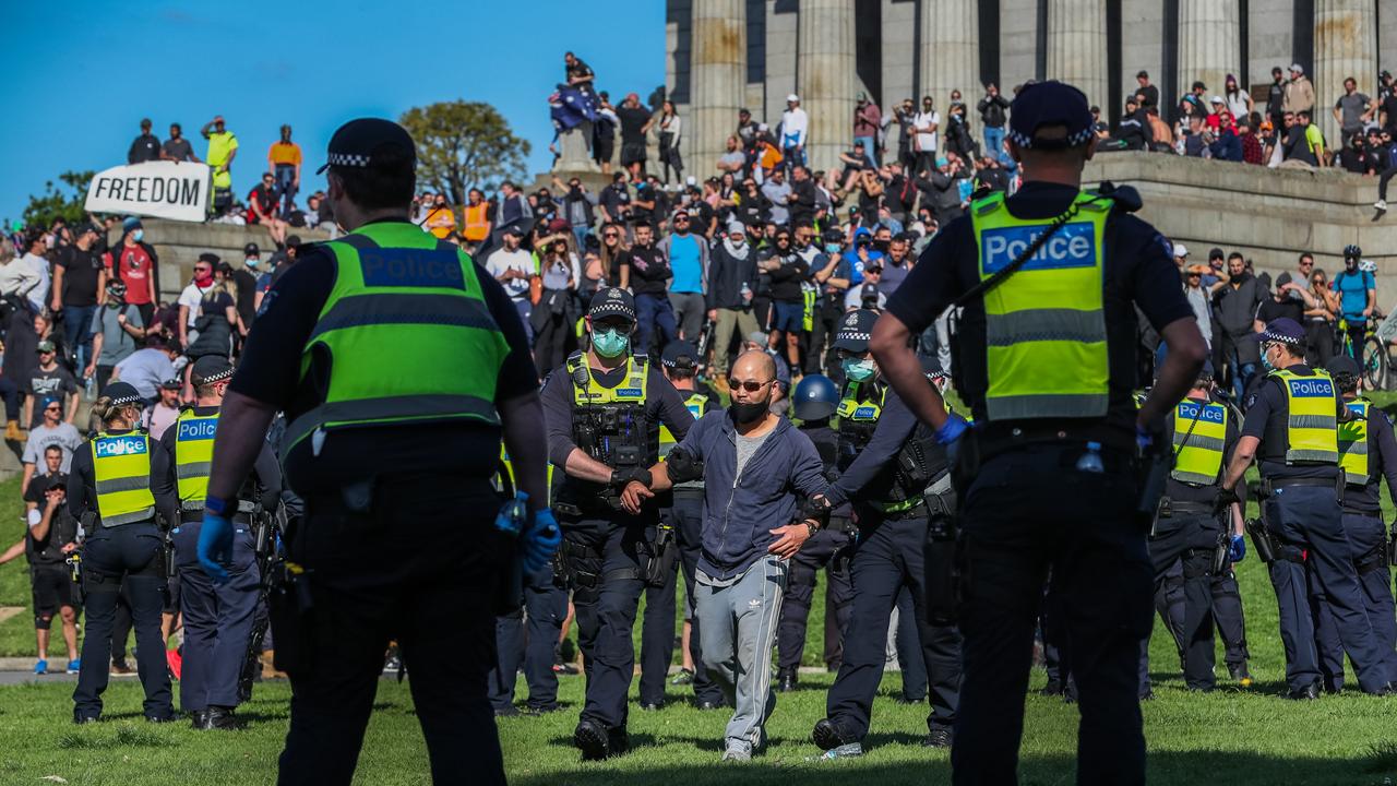 Hundreds of demonstrators gathered on the steps of the Shrine of Remembrance on Wednesday, where they were surrounded by police. Picture: Asanka Ratnayake/Getty Images