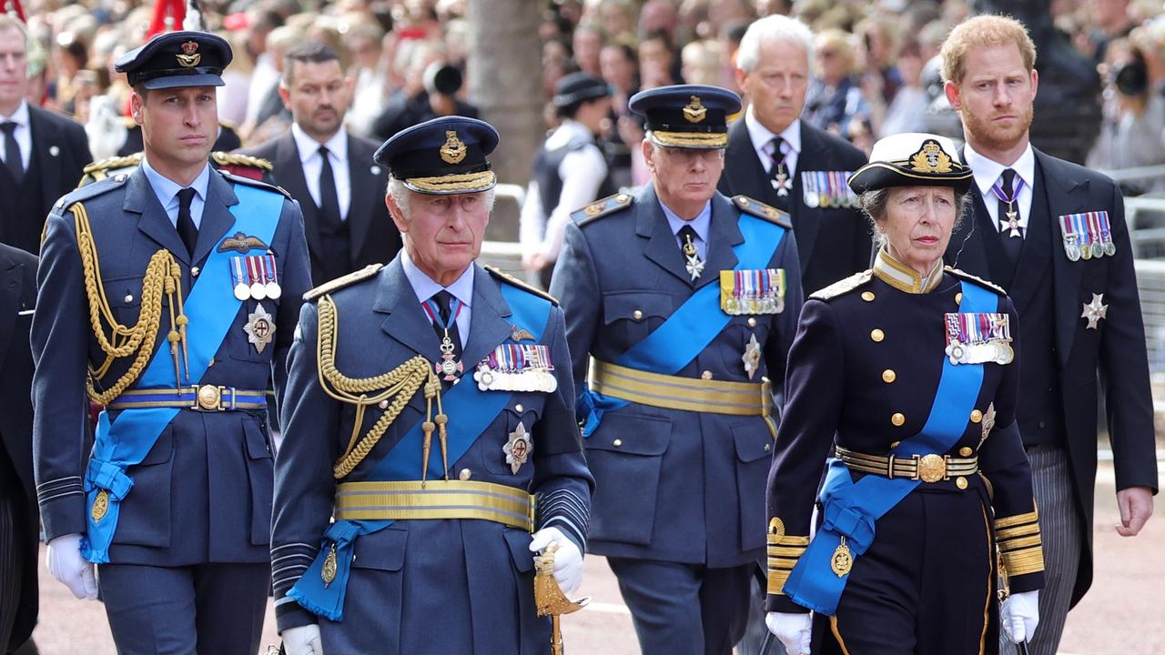 Prince William, Prince of Wales, King Charles III, Prince Richard, Duke of Gloucester, Anne, Princess Royal and Prince Harry, Duke of Sussex walk behind the coffin during the procession for the Lying-in State of Queen Elizabeth II. Picture: Chris Jackson/Getty Images