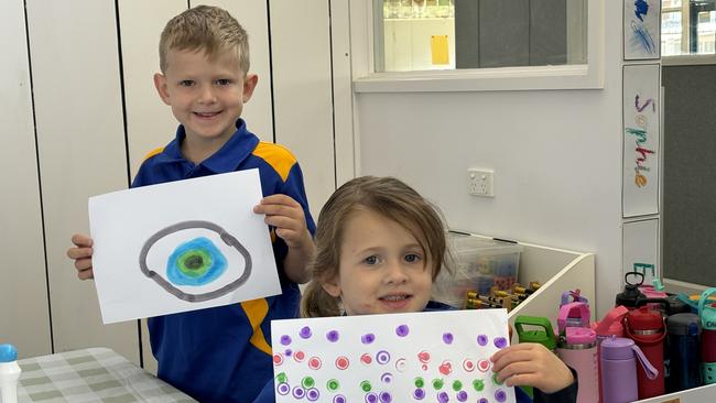 Sonny Cuthbert and Aria Cooper during their first week of prep at Bourchier St Primary School in Shepparton. Picture. Abby Walter