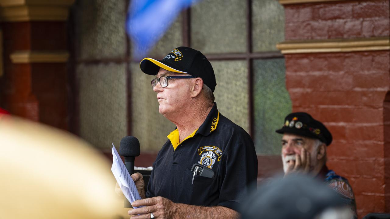 QCU Toowoomba branch president Ronnie Westin speaks before the Labour Day 2022 Toowoomba march, Saturday, April 30, 2022. Picture: Kevin Farmer