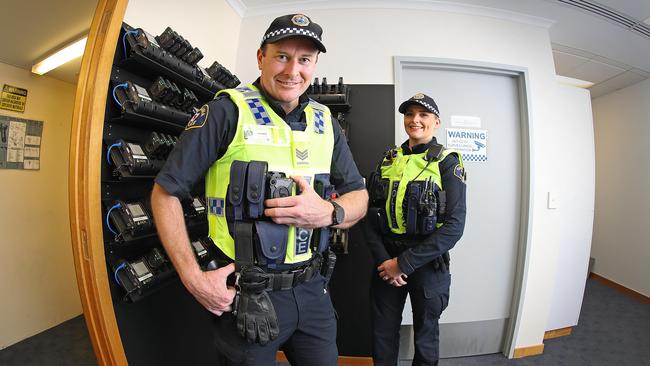 Acting Sergeant Tim Stevens and constable Alice Herbert with the new body cameras. Picture: SAM ROSEWARNE