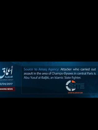 A statement from Amaq, the official IS channel, claiming the attack on the police in Paris.