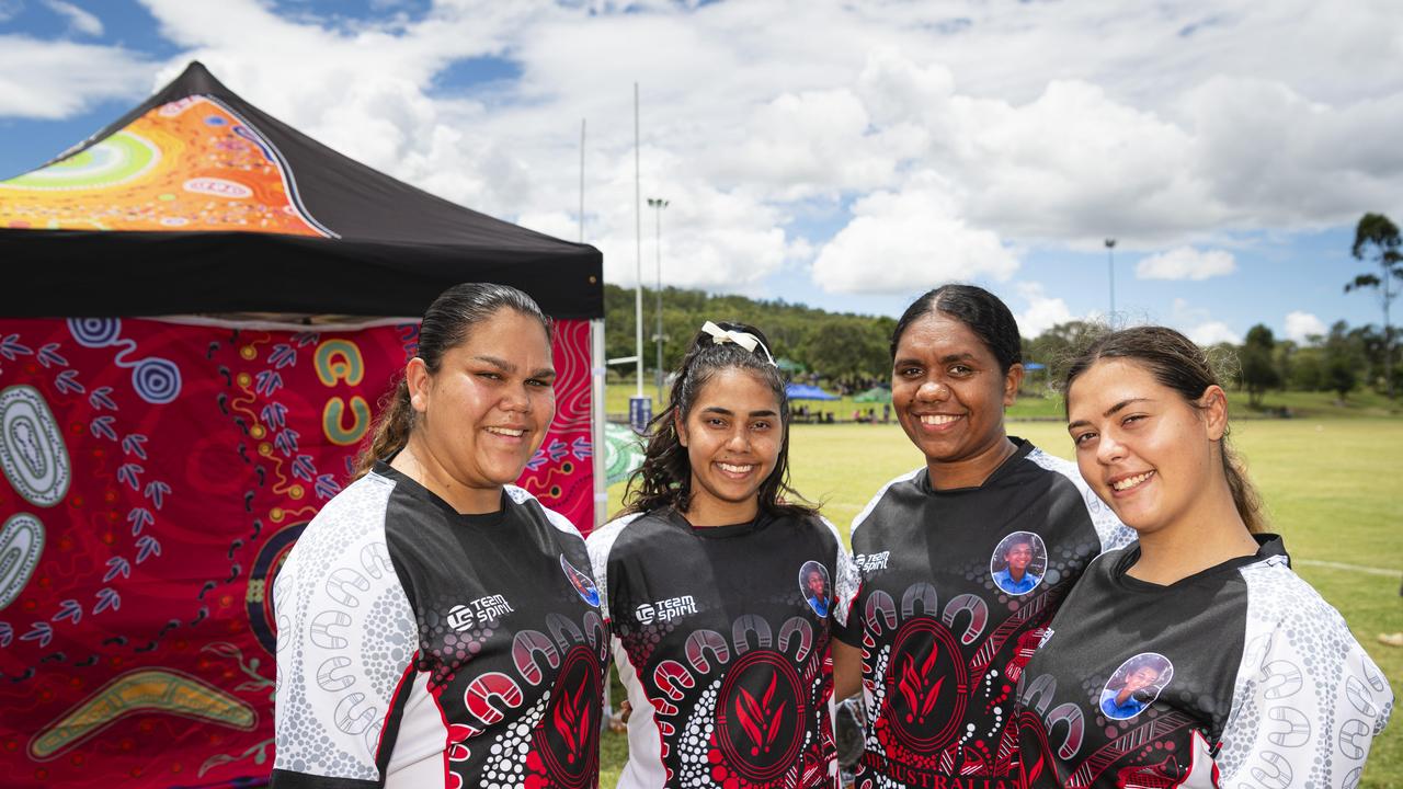 Bradley Dahlstrom Memorial team members (from left) Amelia Harris, Tarnaya Hinch, Nancy Sullivan and Shanelle Lyons between games at the Warriors Reconciliation Carnival hosted by Toowoomba Warriors at Jack Martin Centre, Saturday, January 18, 2025. Picture: Kevin Farmer