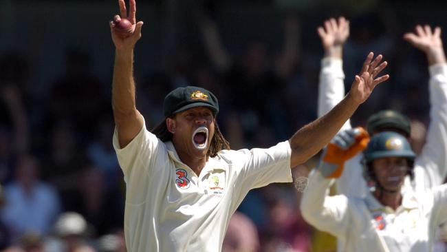 Andrew Symonds makes an appeal while playing in one of his 26 Tests where he averaged 40.61 runs.