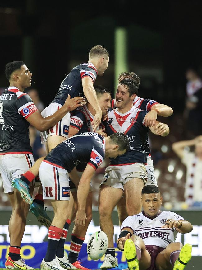 The Roosters celebrate a Nat Butcher try. Picture: Mark Evans/Getty Images