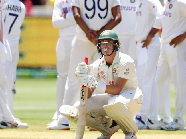 Boxing Day cricket Test Match at the Melbourne Cricket Ground (MCG). Day 1. 26/12/2020.   Marnus Labuschagne waits for a DRS LBW decision late in the 1st session where he just judged not out . Pic: Michael Klein