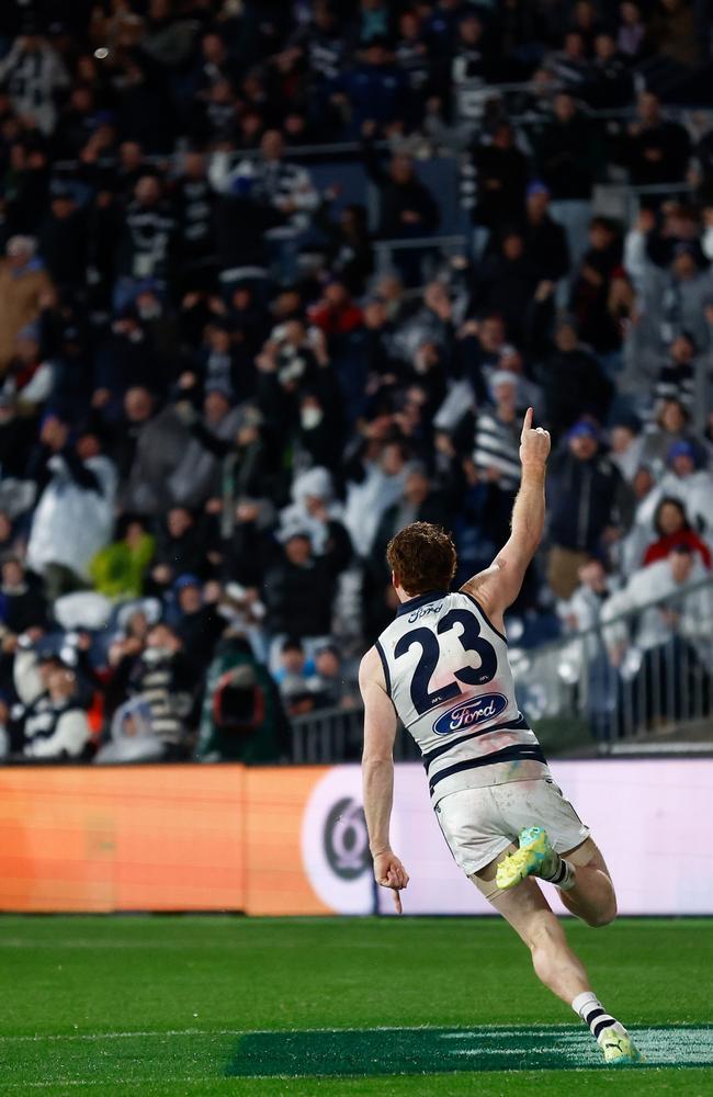 Gary Rohan celebrates his last quarter goal. Picture: Michael Willson/AFL Photos via Getty Images