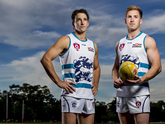 Broadbeach Cats QAFL players Blake Erickson (left) and Jackson Fisher at Subaru Oval. Picture: Jerad Williams