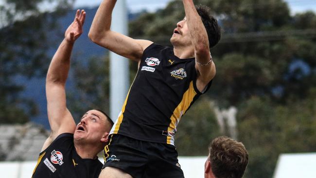 EFNL 2024: Balwyn's Josh Pollocks soars for a screamer in the grand final. Picture: Davis Harrigan