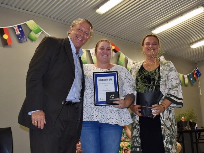 Young Arakwal woman Nickolla Clarke was named the Byron Shire's Creative Artist of the Year. She received her award from Australian Day Ambassador Brad Farmer (left) and Byron Shire councillor Sarah Ndiaye (right).