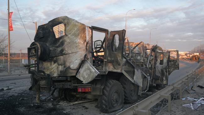 A charred military vehicle near the town of Bucha in the Kyiv region, on February 28.