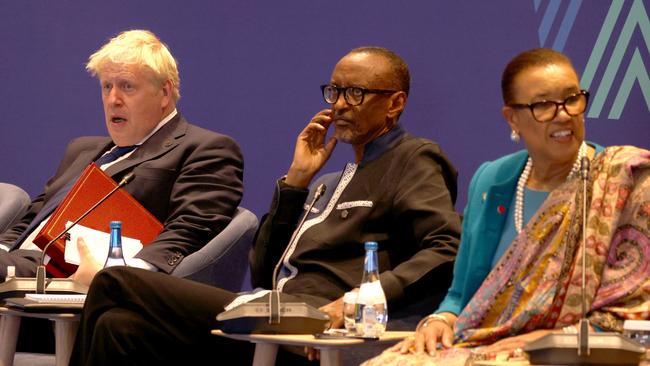 Boris Johnson with Rwandan President Paul Kagame and secretary-general of the Commonwealth Patricia Scotland during the Commonwealth Heads of Government Meeting in Kigali, Rwanda. Picture: Getty Images