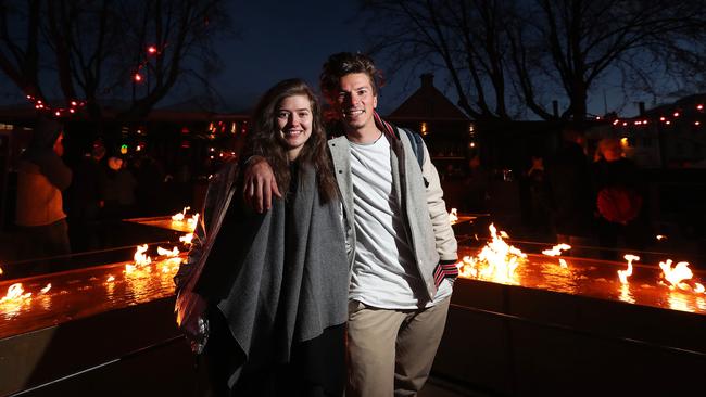 Friends Vira Koshkina and Kirill Kliavin, from Melbourne, are visiting Hobart for Dark Mofo and attended the first night of the Winter Feast at PW1. Picture: NIKKI DAVIS-JONES