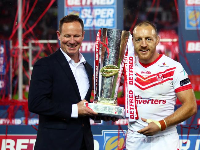 New Titans coach Justin Holbrook with James Roby after winning the Super League grand final with St Helens earlier this month. Picture: Clive Brunskill/Getty Images