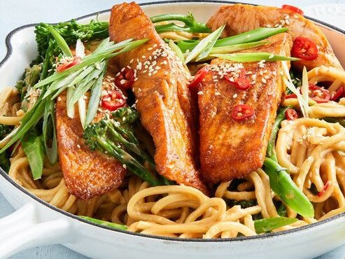 Salmon and peanut butter noodles.