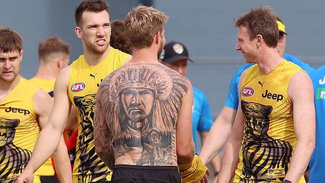 Richmond’s Nathan Broad and his impressive back ink at training today at Broadbeach Football Club on the Gold Coast. Picture: Michael Klein.