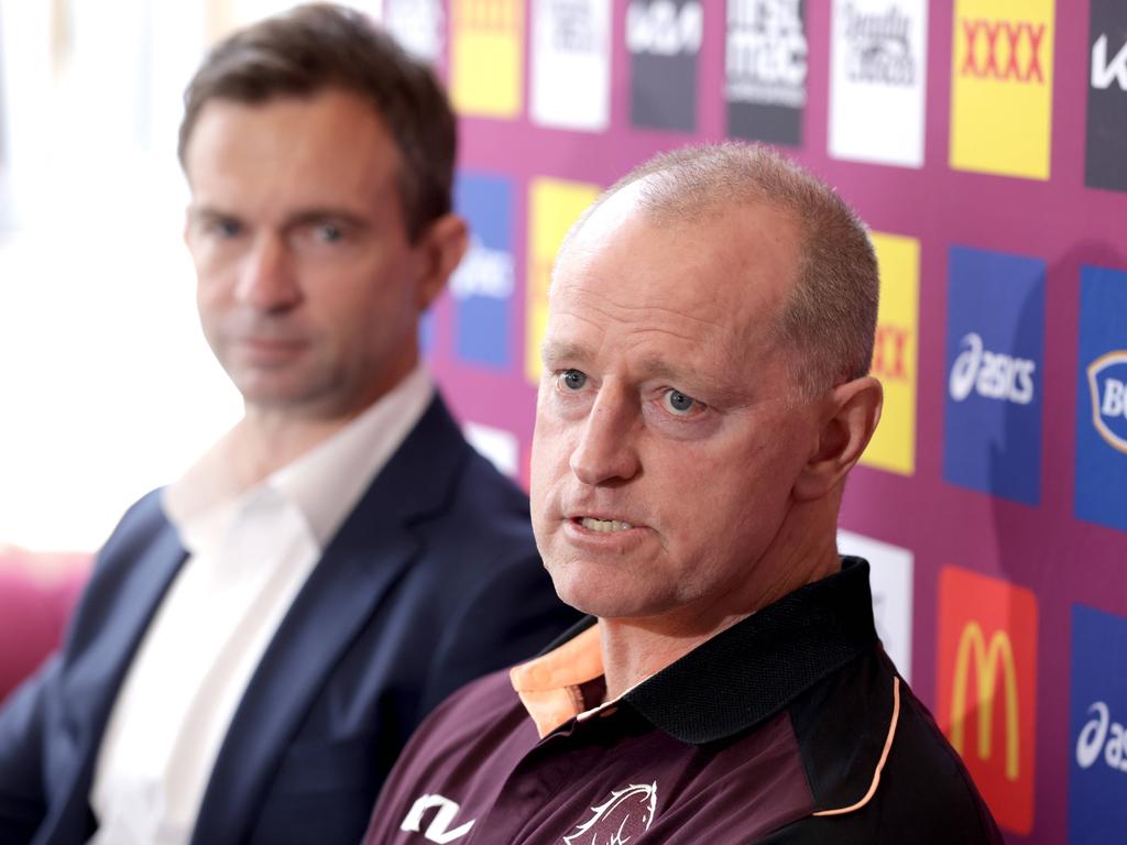 Michael Maguire (right) and Broncos CEO Dave Donaghy will front the media. Picture: Steve Pohlner