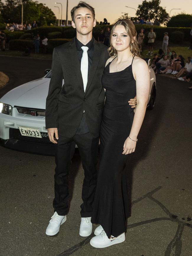 Maddex Acton and Ashleigh Jeans arrive at Harristown State High School formal at Highfields Cultural Centre, Friday, November 18, 2022. Picture: Kevin Farmer