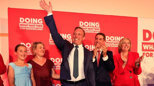 Premier Steven Miles with his wife Kim and daughter Bridie 10, Grace Grace, Cameron Dick and Shannon Fentiman as he holds his party launch at the North Lakes Community Centre. Pic: Adam Head