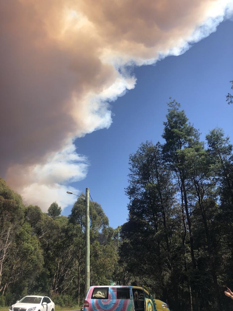 Smoke from bushfires darken the skies at Maydena Bike park. Picture: ALEX McWHIRTER 