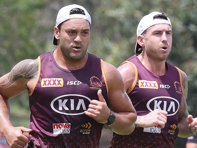 Alex Glenn and Darius Boyd at Broncos training. Pic Annette Dew