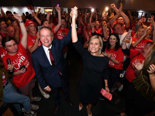 Labor leader Bill Shorten and Susan Lamb celebrate in Caboolture, north of Brisbane. Picture: AAP Image/Dan Peled