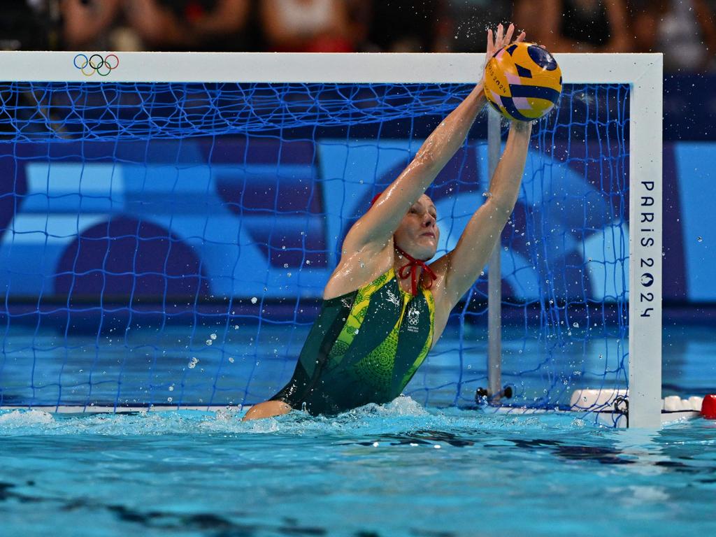 Australia's #01 Gabriella Palm was able to save America’s final penalty after an incredible game. Picture: Andreas Solaro/AFP