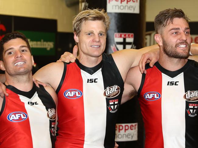 Leigh Montagna, Nick Riewoldt and Sam Fisher celebrate a win in 2016. Picture: Getty Images