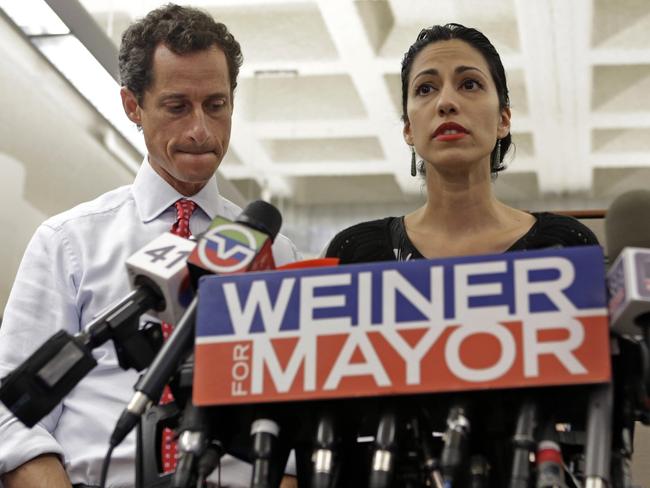 New York mayoral candidate Anthony Weiner and his wife Huma Abedin address the media. Picture: Kathy Willens / AP