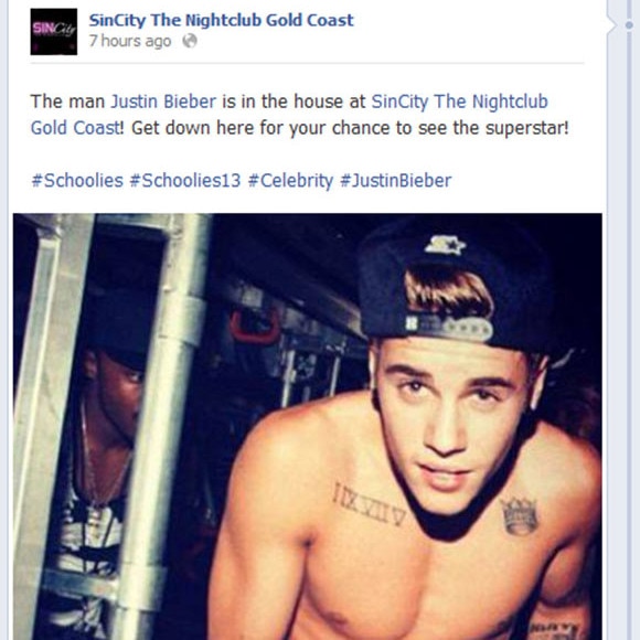 Sin City post about Justin Bieber appearing at the nightclub. Nov 24, 2013