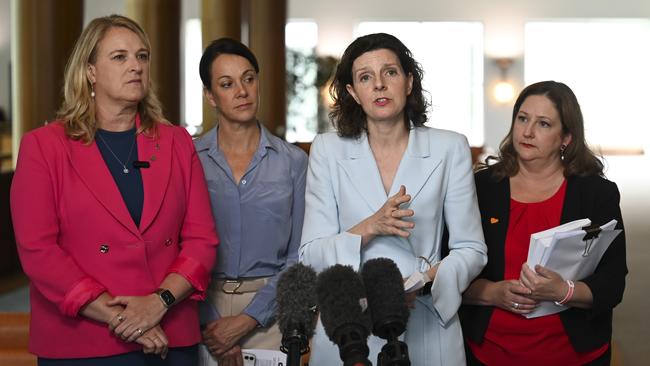 Kylea Tink, Sophie Scamps, Allegra Spender, Kate Cheney and other Teal independents hold a press conference at Parliament House. The rise of the Teals was thanks in large part to women. Picture: NCA NewsWire/Martin Ollman