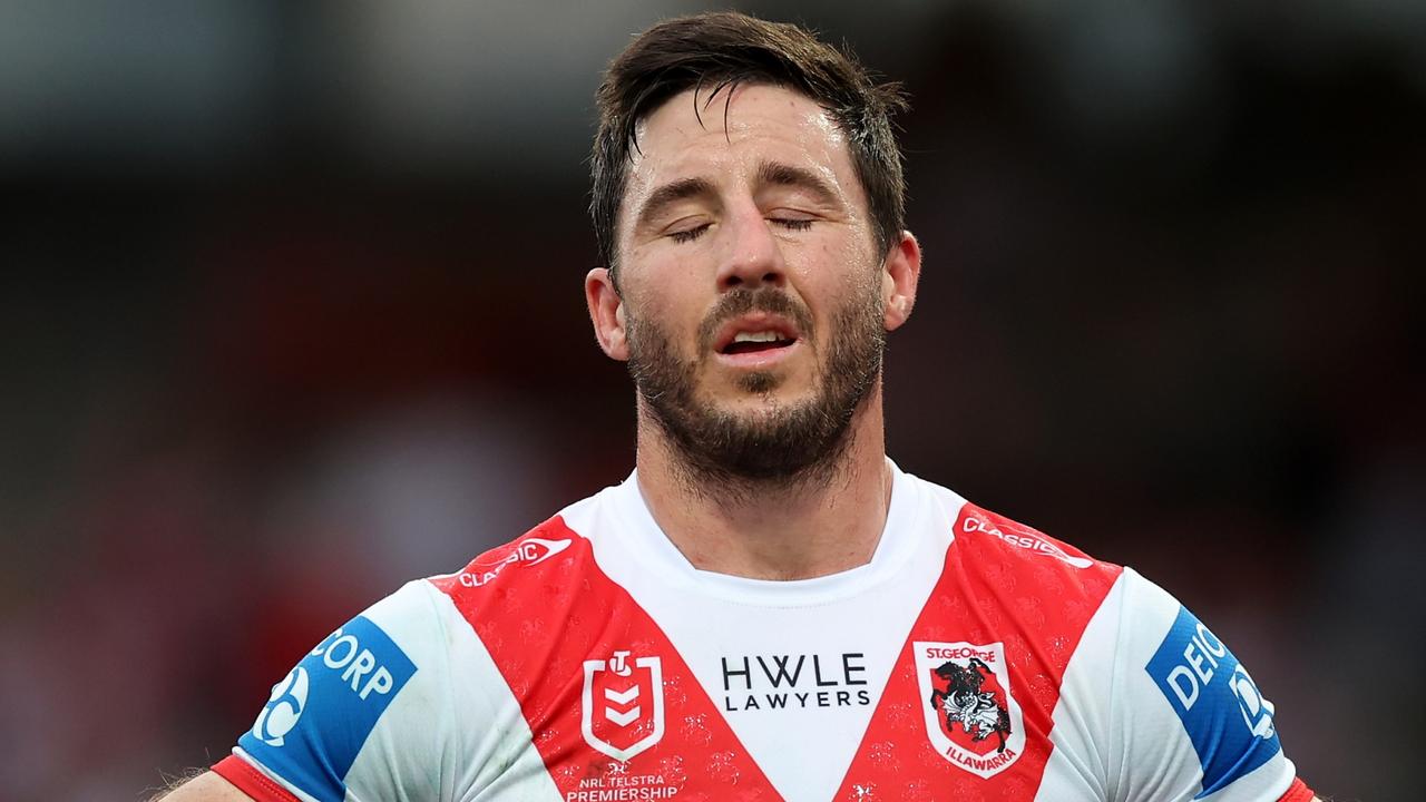 SYDNEY, AUSTRALIA - SEPTEMBER 07: Ben Hunt of the Dragons reacts during the round 27 NRL match between St George Illawarra Dragons and Canberra Raiders at Netstrata Jubilee Stadium, on September 07, 2024, in Sydney, Australia. (Photo by Mark Metcalfe/Getty Images)