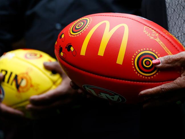 MELBOURNE, AUSTRALIA - MAY 16: The Indigenous Round Sherrin footballs are seen during the 2022 Sir Doug Nicholls Round Launch at the Melbourne Cricket Ground on May 16, 2022 in Melbourne, Australia. (Photo by Michael Willson/AFL Photos via Getty Images)