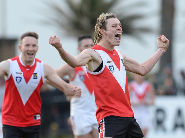 Red Hill’s Jonathon Ross celebrates after kicking a last quarter goal in the 2019 MPNFL Division 2 grand final. Picture: Chris Eastman