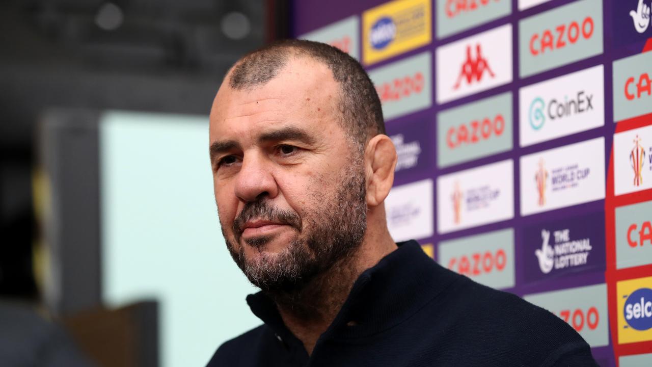 LEIGH, ENGLAND - OCTOBER 23: Michael Cheika, Head Coach of Lebanon looks on ahead of the Rugby League World Cup 2021 Pool C match between Lebanon and Ireland at Leigh Sports Village on October 23, 2022 in Leigh, England. (Photo by Jan Kruger/Getty Images for RLWC)