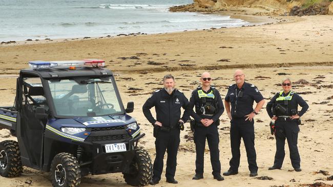 Police acting Senior Sergeant Brenton Whitson, Senior Constable Paul Thomas, Lorne Station Commander Jonathan Parish and Leading Senior Constable Nicolette Law are ready to patrol the Surf Coast ahead of schoolies. Picture: Alison Wynd