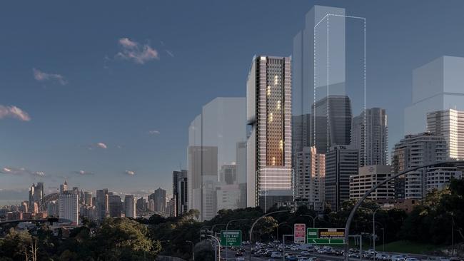 A skyscraper at 153-157 Walker St, North Sydney could soon become one of the top ten tallest buildings in Sydney if a $373m development proposal is approved. Picture: Architectus