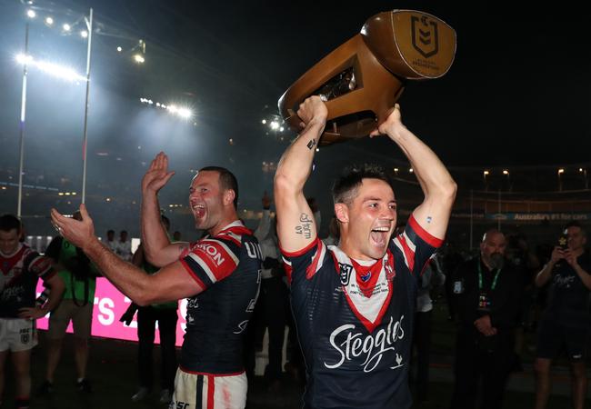 Cooper Cronk celebrates victory in the 2019 NRL grand final. Picture: Brett Costello