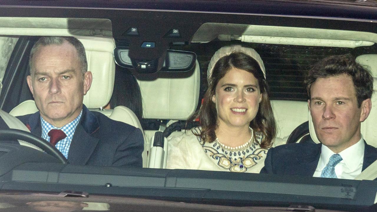 Princess Eugenie and her husband Jack Brooksbank arriving at the christening of their son August at All Saints Chapel in Windsor. Picture: News Licensing/MEGA