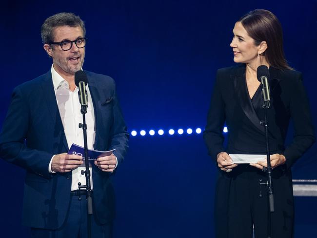 King Frederik of Denmark and Queen Mary of Denmark on the stage at the Danish royal couples 20 Year Celebration of The Crown Prince Couple Awards. Picture: Martin Sylvest Andersen/Getty Images